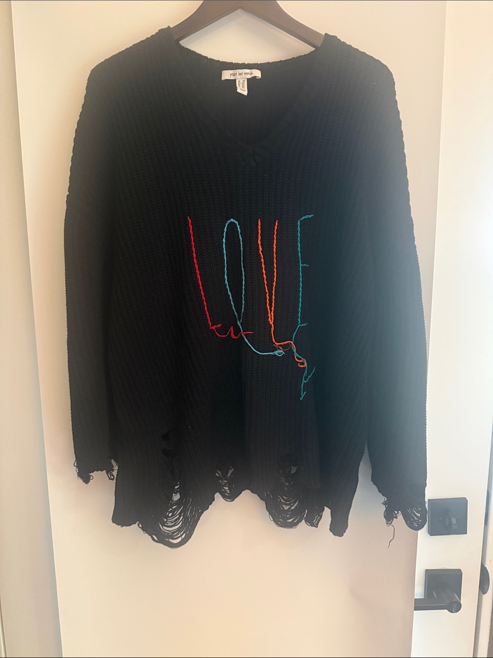 Peace Love World Black Distressed V-Neck Sweater with Multicolor LOVE Stitching